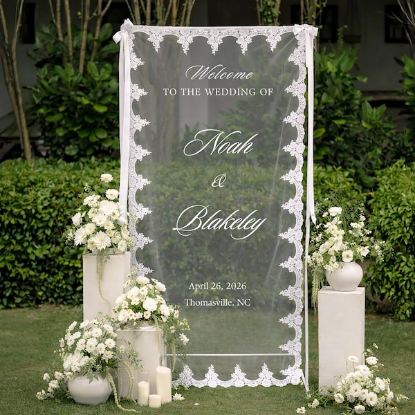 Gepersonaliseerde bruiloft welkomstbord, doorzichtige tule kanten banner voor romantische tuinreceptie