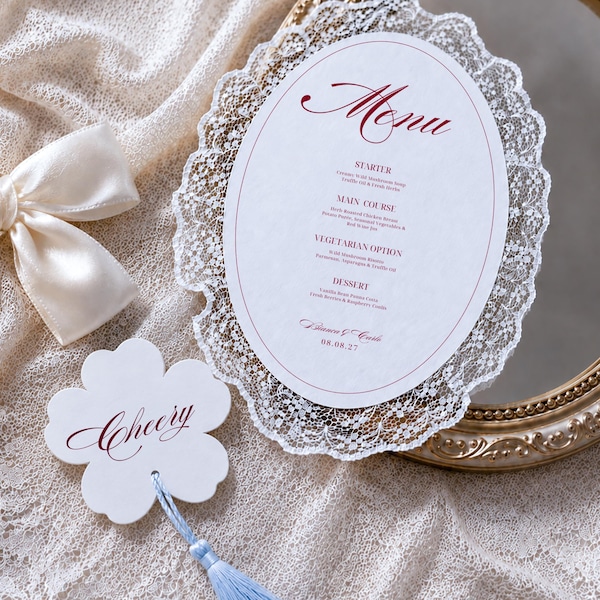 Oval Lace Wedding Menu Card, Ivory Cardstock, Romantic Vintage Stationery, Personalized Dinner Place Setting