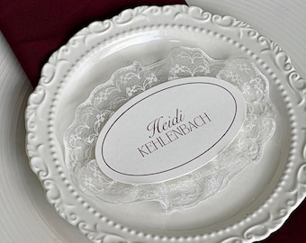 Oval Lace Wedding Place Card, Personalized Guest Name Card, Elegant Table Setting Decor