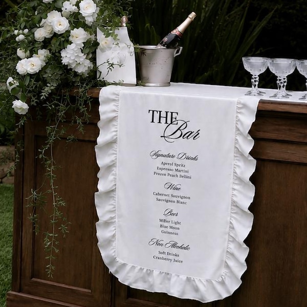 Personalized Silk Bar Menu Sign, Ruffled Edge, Romantic Wedding Cocktail Decor