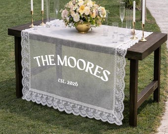 Bannière de mariage personnalisée en tulle transparent, chemin de table en dentelle personnalisé, décoration de réception romantique