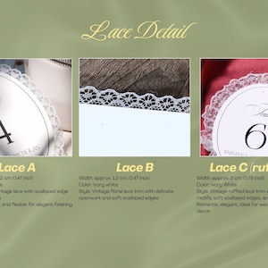May include: Three ivory white lace trim options labeled Lace A, Lace B, and Lace C. Lace A and B are 1.2 cm wide with scalloped edges and floral patterns. Lace C is a 2 cm wide ruffled trim with small floral motifs and gathers.
