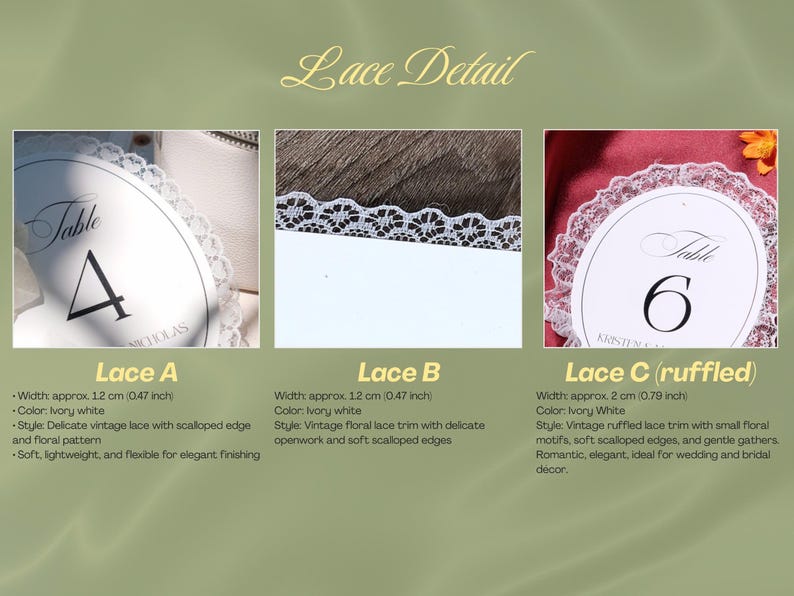 May include: Three ivory white lace trim options labeled Lace A, Lace B, and Lace C. Lace A and B are 1.2 cm wide with scalloped edges and floral patterns. Lace C is a 2 cm wide ruffled trim with small floral motifs and gathers.