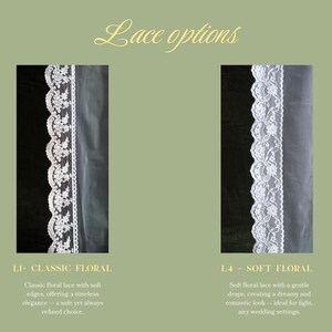 May include: Two vertical swatches of white lace trim against a black background. The left swatch is labeled 1.1- CLASSIC FLORAL and features a dense, intricate floral pattern. The right swatch is labeled 1.4 - SOFT FLORAL with a delicate, airy design.