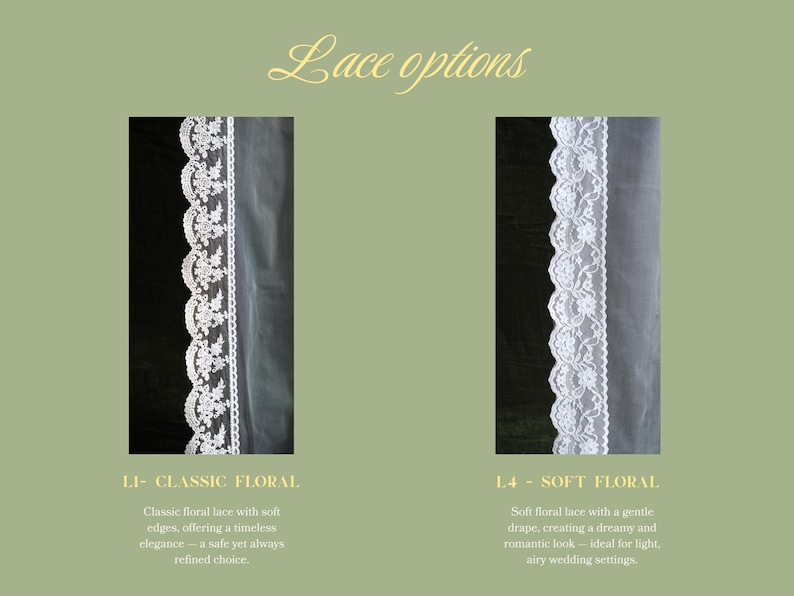 May include: Two vertical swatches of white lace trim against a black background. The left swatch is labeled 1.1- CLASSIC FLORAL and features a dense, intricate floral pattern. The right swatch is labeled 1.4 - SOFT FLORAL with a delicate, airy design.