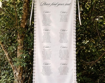 Enseigne pour table de mariage en lin, tissu ivoire avec bordure en dentelle