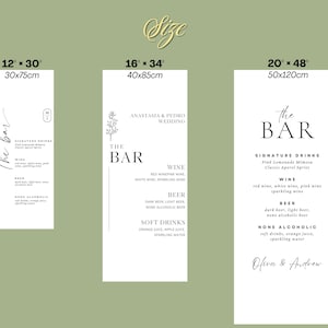 May include: Three white rectangular bar menu signs with black text, featuring the heading THE BAR and lists of signature drinks, wine, beer, and non-alcoholic options. Sizes shown are 12" x 30", 16" x 34", and 20" x 48" with metric equivalents.