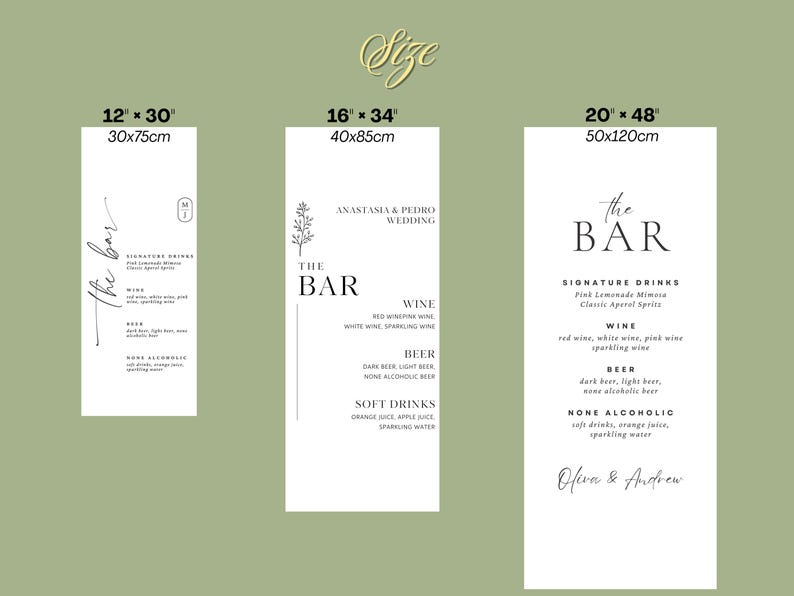 May include: Three white rectangular bar menu signs with black text, featuring the heading THE BAR and lists of signature drinks, wine, beer, and non-alcoholic options. Sizes shown are 12" x 30", 16" x 34", and 20" x 48" with metric equivalents.