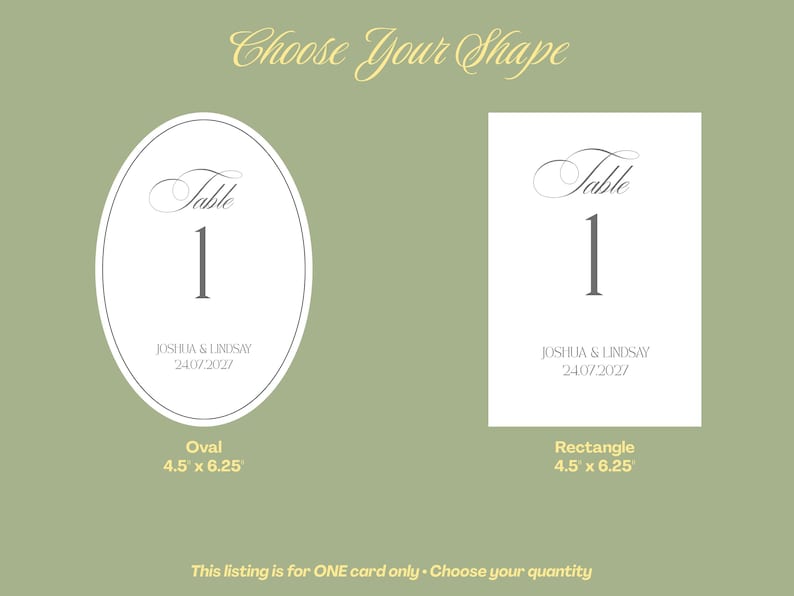 May include: Two white table number cards with grey text reading Table 1, Joshua & Lindsay, and 24.07.2027. One card is oval and one is rectangular, both measuring 4.5 inches by 6.25 inches. The text Choose Your Shape appears at the top.