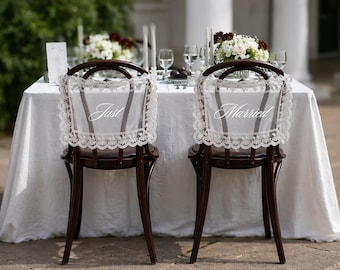 Panneau de chaise en dentelle Just Married, étiquette de chaise pour les mariés, décoration personnalisée chérie de mariage
