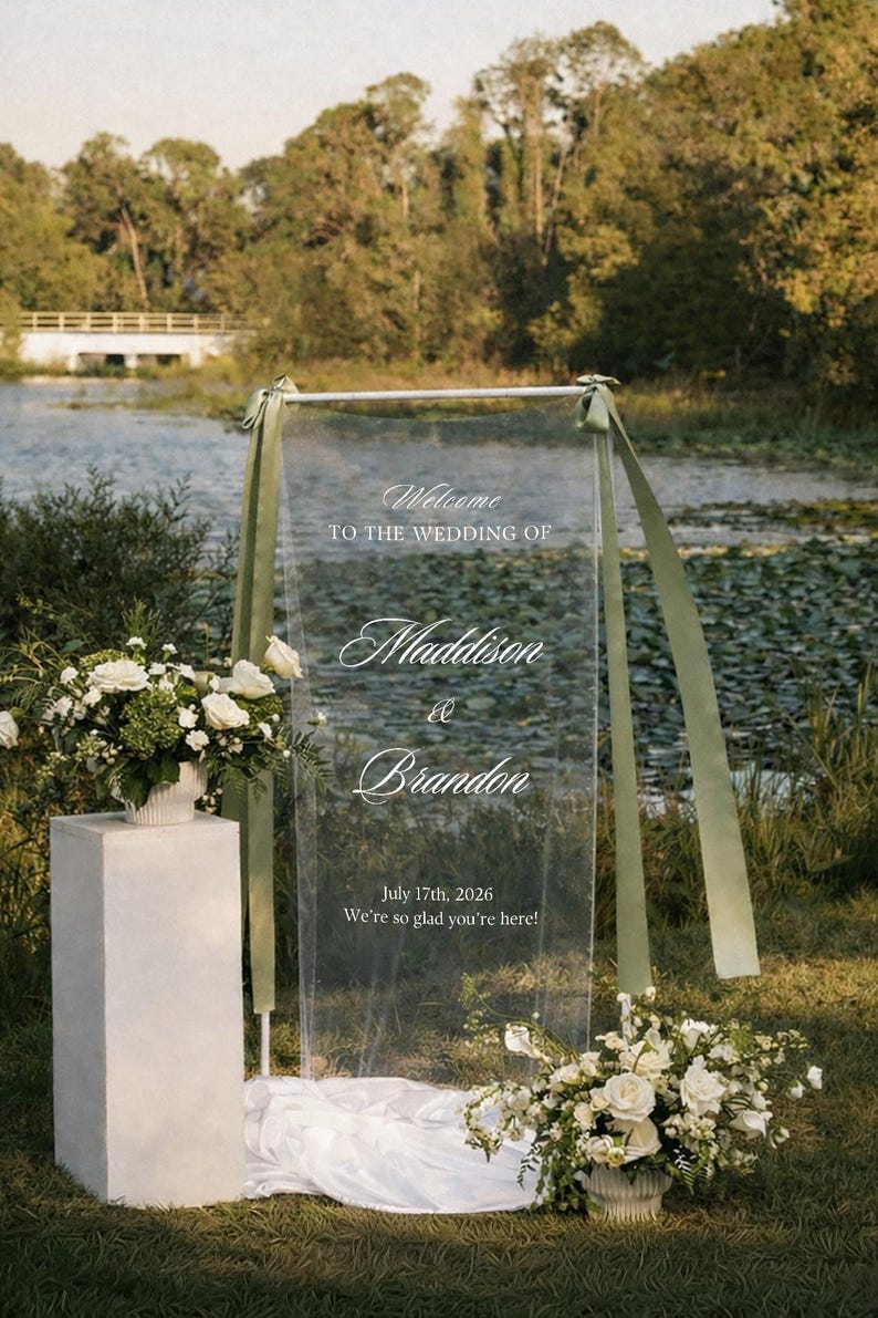 Letrero de bienvenida personalizado de gasa transparente para boda: Letrero transparente para ceremonia, diseño personalizado imagen 1