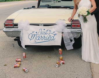 Plaque en lin personnalisée Just Married : bannière de voiture de mariage rustique