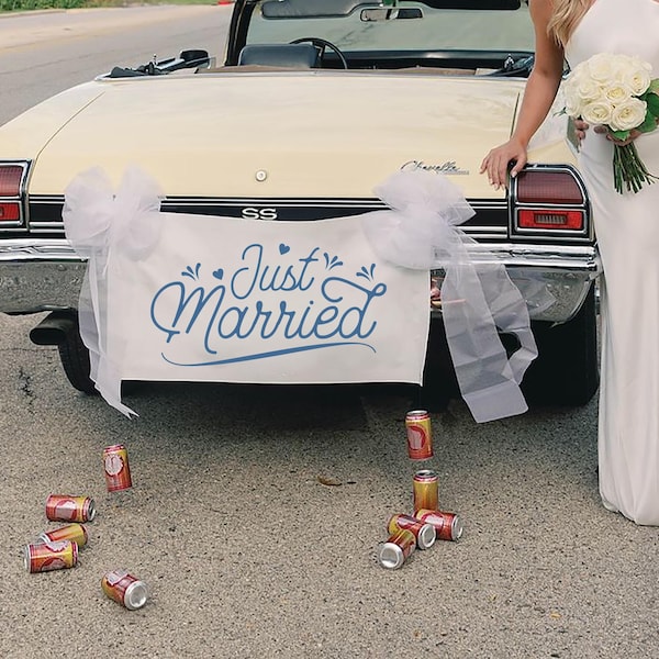 Letrero de lino personalizado para recién casados: pancarta rústica para coche de boda
