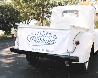 Plaque en lin personnalisée Just Married : bannière de voiture de mariage rustique