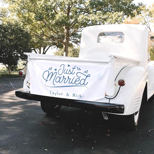 Letrero de lino personalizado para recién casados: pancarta rústica para coche de boda
