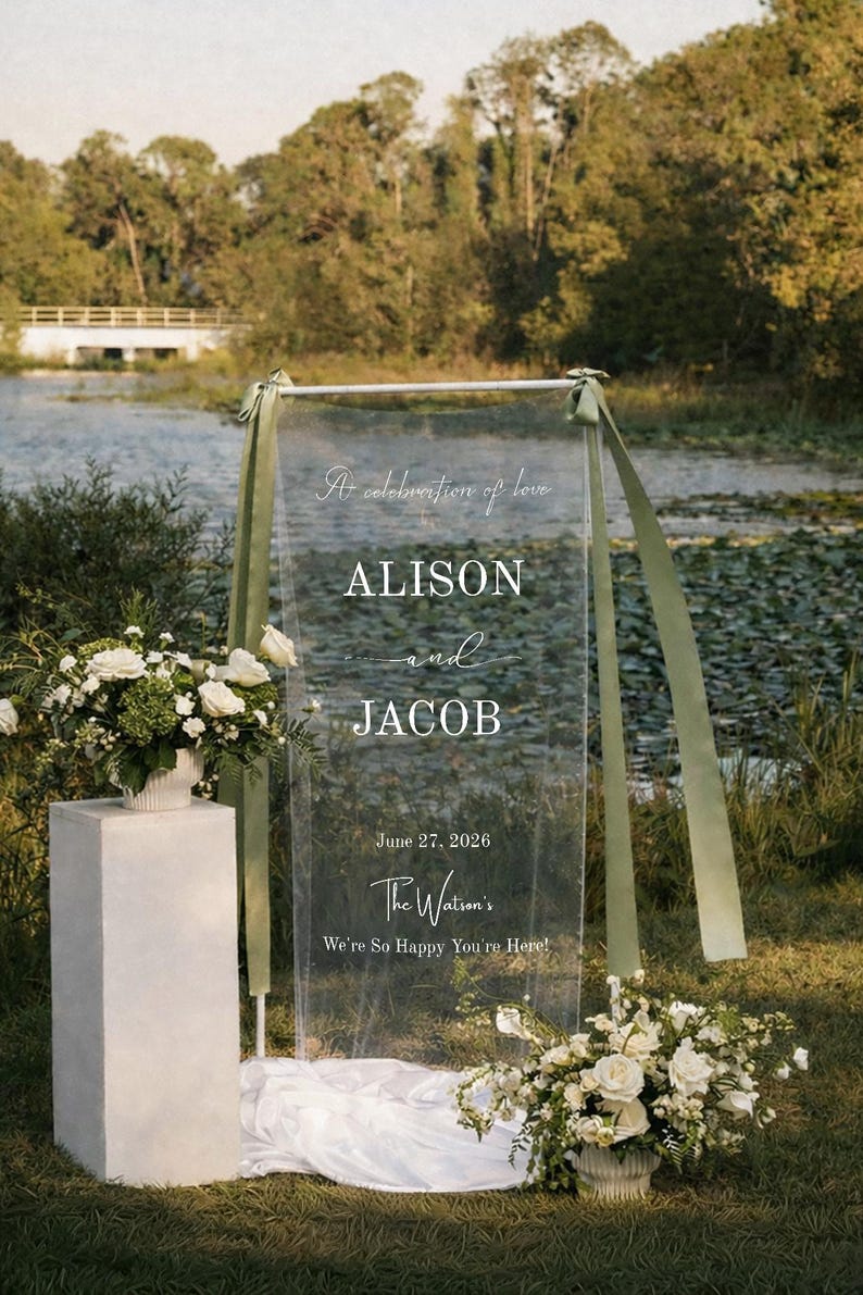 Letrero de bienvenida personalizado de gasa transparente para boda: Letrero transparente para ceremonia, diseño personalizado imagen 3