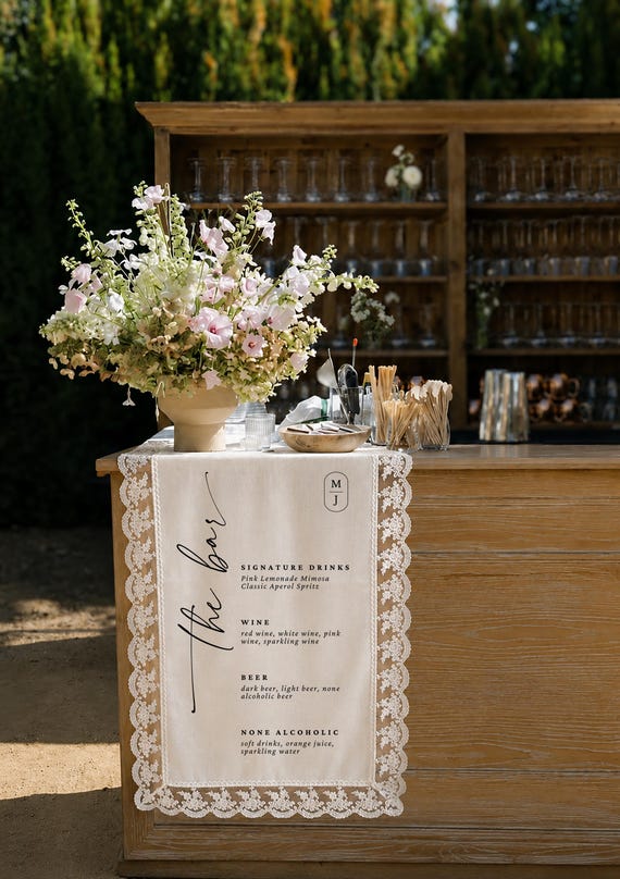 Personalized Linen Bar Menu Sign, Lace Trim Wedding Drink Banner, Custom Cocktail Decor