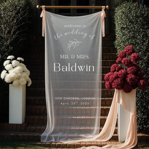 Puede incluir: Decoraci&oacute;n de ceremonia de boda con una pancarta blanca transparente con el texto "welcome to the wedding of MR. & MRS. Baldwin". La pancarta est&aacute; sobre una escalera, flanqueada por arreglos florales y tela.
