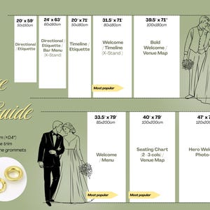 Puede incluir: Una gu&iacute;a de tallas para se&ntilde;alizaci&oacute;n de bodas, con dimensiones en pulgadas y cent&iacute;metros. Incluye ilustraciones de una novia y un novio, junto con ejemplos de se&ntilde;alizaci&oacute;n como carteles de bienvenida y planos de asientos. Se muestran ojales dorados.