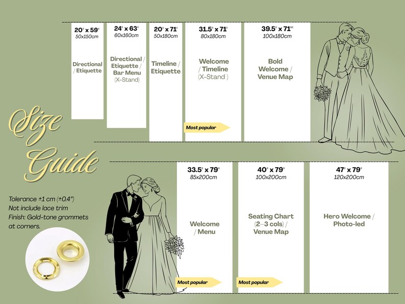 Puede incluir: Una gu&iacute;a de tallas para se&ntilde;alizaci&oacute;n de bodas, con dimensiones en pulgadas y cent&iacute;metros. Incluye ilustraciones de una novia y un novio, junto con ejemplos de se&ntilde;alizaci&oacute;n como carteles de bienvenida y planos de asientos. Se muestran ojales dorados.