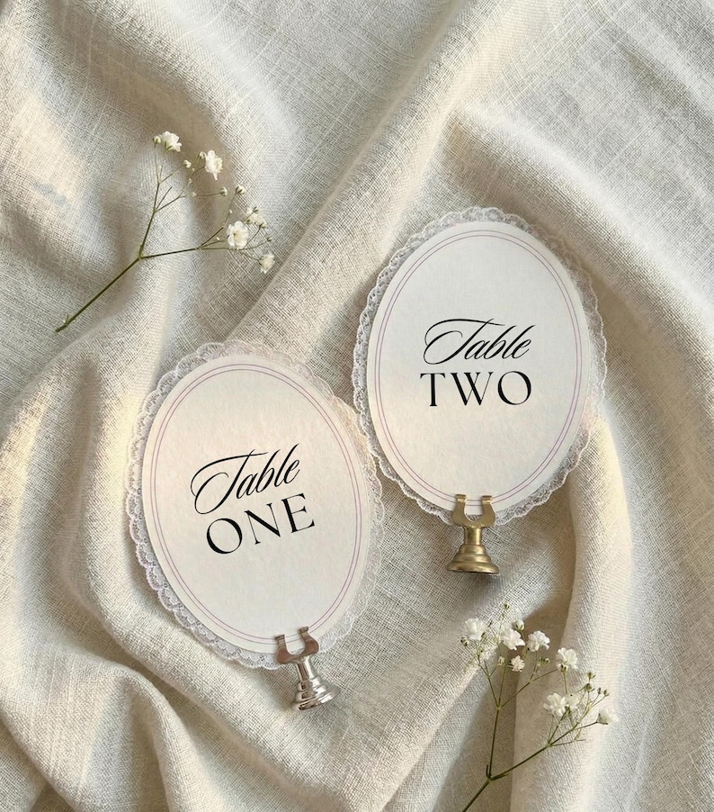 Personalized Lace Trim Table Numbers, Romantic Wedding Decor, Ivory Oval Signs