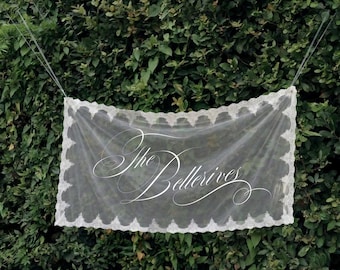 Sideways Last Name Wedding Sign, Sheer Lace Fabric Backdrop, Boho Wedding Hanging Decor