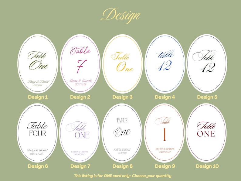 A collection of ten oval-shaped table cards with various designs. Each card features a table number or the word "Table" followed by a number or "One". The cards have different color schemes and fonts, with names and dates below. The word "Design" is at the top.