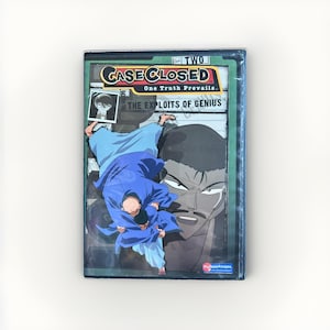 May include: A Case Closed DVD titled The Exploits of Genius, Case Two. The cover features a blue-clad character in a dynamic pose over a large, shadowed face, with a small inset photo of a character and the Funimation logo at the bottom right.