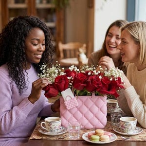 May include: A pink quilted handbag filled with red roses and baby's breath sits on a table with three women. The table also holds teacups, water glasses, and a plate of macarons. The women are laughing and enjoying each other's company.