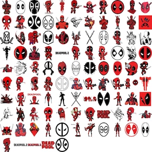Puede incluir: Una colección de gráficos e ilustraciones con temática de Deadpool en rojo, negro y blanco. La imagen incluye varias representaciones del personaje, incluyendo figuras de cuerpo completo, retratos y el logotipo de Deadpool. Algunas imágenes incluyen el texto "DEADPOOL 2" y "DEADPOOL".