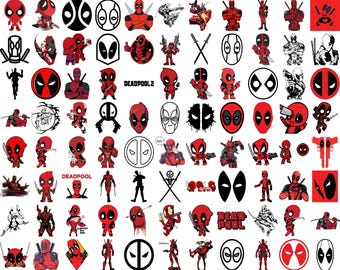 May include: A collection of Deadpool-themed graphics and illustrations in red, black, and white. The image includes various depictions of the character, including full-body figures, headshots, and the Deadpool logo. Some images include the text "DEADPOOL 2" and "DEADPOOL".