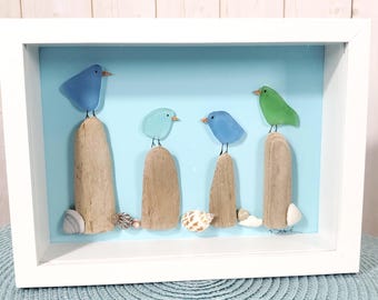 5x7-0141   Sea Glass Art with four birds sitting on driftwood piers
