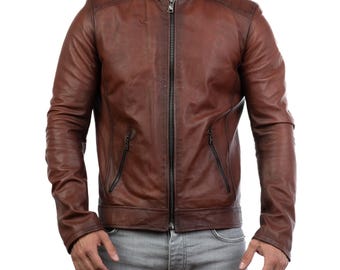Men's Brown Leather Cafe Racer Jacket: Quilted Slim Fit Biker Style