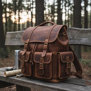 Może przedstawiać: Brązowy skórzany plecak z wieloma kieszeniami i mosiężnymi klamrami. Plecak ma górny uchwyt i regulowane paski na ramiona. Kompas, mapa i termos leżą obok plecaka na drewnianej ławce.