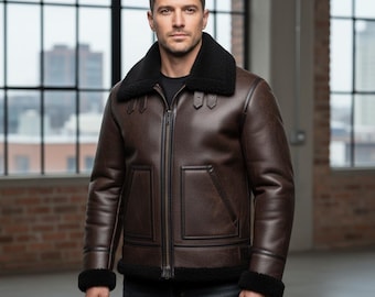 Men's Handmade Shearling B3 Bomber Jacket - Distressed Brown Aviator Coat