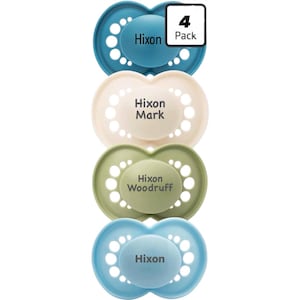 May include: A 4 pack of dummies in blue, cream, and sage green. Each dummy features a circular shield with ventilation holes and the text Hixon, Hixon Mark, or Hixon Woodruff printed on the centre. The set is labelled with a 4 Pack graphic.