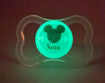 Personalized Pacifier Disney Night Glow MAM pacifier Night Glow Pacifier Mickey ears Glow Personalized Pacifier Baby Boy or Girl Pacifier 6+