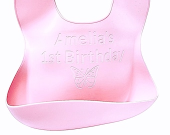 Personalized Silicone Bib First Birthday Baby’s Name 1st Birthday Bib Embossed Silicone Bib