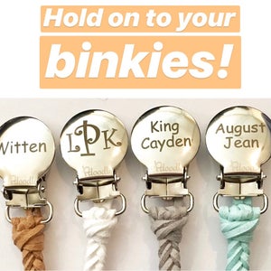 Personalized Braided Faux Leather Pacifier Clip, Engraved Stainless Steel