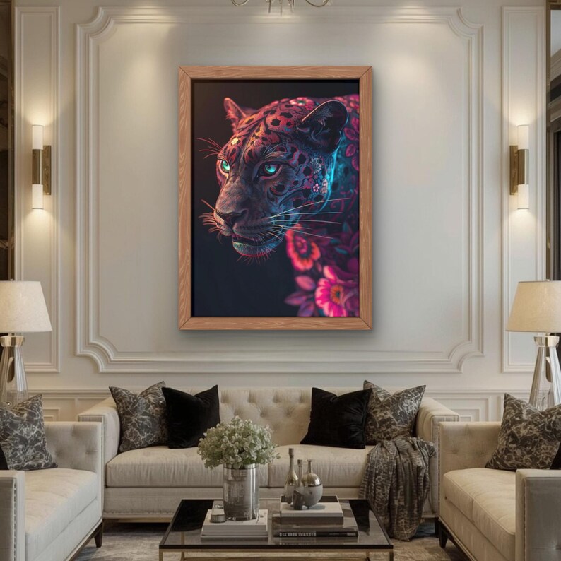 Realistic Floral Panther Artwork, Animal Wall Art Printable, Luxury ...