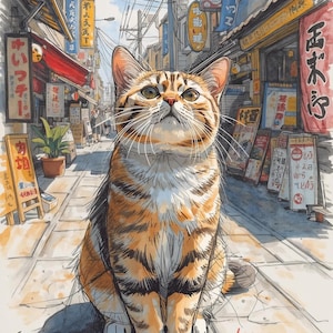 以下が含まれることがあります： 日本の街並みで、石畳の道に座るトラ猫の水彩イラスト。オレンジと茶色の縞模様の猫が上を見上げています。背景には、日本の看板のあるお店が並んでいます。