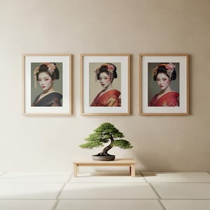 以下が含まれることがあります： 伝統的なメイクとヘアスタイルをした芸者の3つの額入りプリント。 芸者はカラフルな着物を着ています。 盆栽の木が、プリントの下の小さな木製のテーブルの上に置かれています。