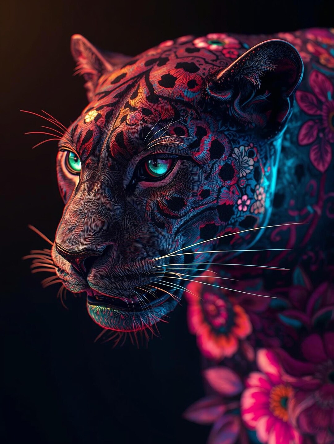 Realistic Floral Panther Artwork, Animal Wall Art Printable, Luxury ...