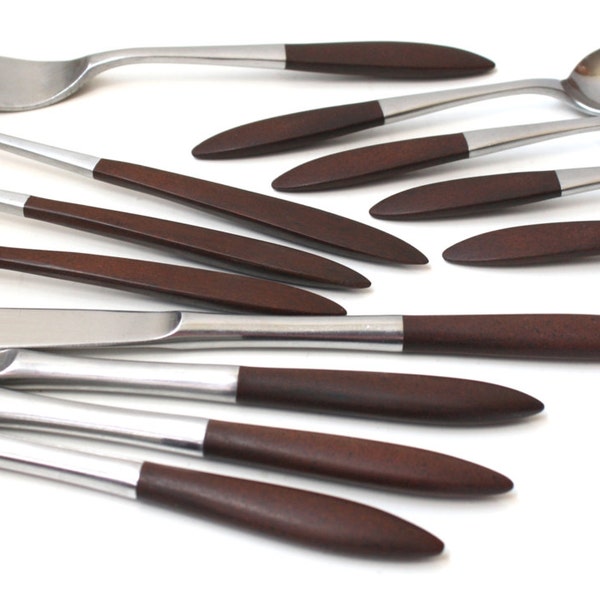 Danish Modern Flatware Lot of 12 Stainless / Wood-look Mid Century Epic Japan
