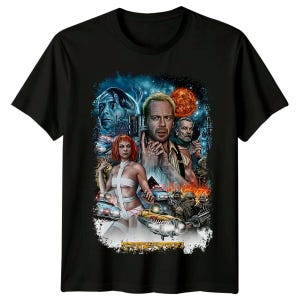 May include: Black t-shirt featuring a colorful movie poster design. The graphic includes images of actors, futuristic vehicles, and a fiery planet. The design is a collage of characters and scenes from a science fiction film.