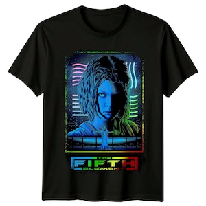 May include: Black t-shirt featuring a vibrant graphic from "The Fifth Element." The design showcases a blue-toned portrait of a woman with neon accents and the film's title in a colorful, stylized font. A striking piece of apparel.