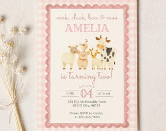 Pink Farm Birthday Invitation | Girl Barnyard Party Animal Invite | Farm Theme 2nd Birthday Digital Canva Template | Instant Download | b6q4