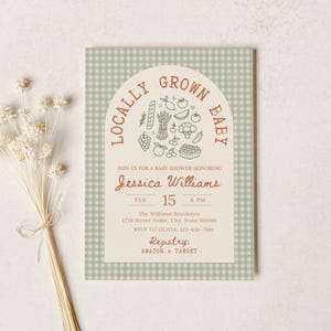 May include: Baby shower invitation with a green gingham background and a central cream-colored panel. The invitation features the text "Locally Grown Baby" and details for Jessica Williams' baby shower, including the date, time, and registry information.