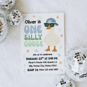 May include: A party invitation with the text "Oliver is ONE SILLY GOOSE" and a cartoon goose wearing sunglasses and a hat. The invitation is surrounded by disco balls.