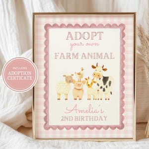 Muted pink adopt a farm animal sign for a girl’s first birthday, featuring boho farm animals and soft pink gingham decor, styled as a printable farm bday sign and kids barn bday favor for a modern barnyard party.